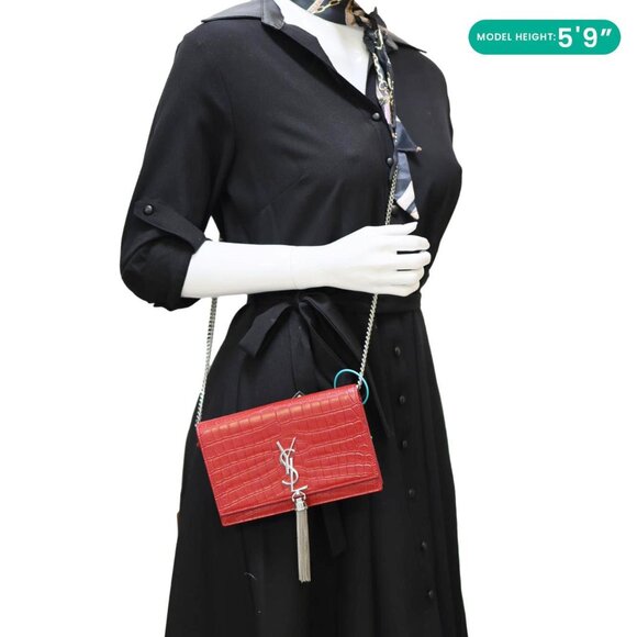Yves Saint Laurent  Kate Tassel Crocodile Embossed Leather Crossbody Bag Red - Picture 2 of 12